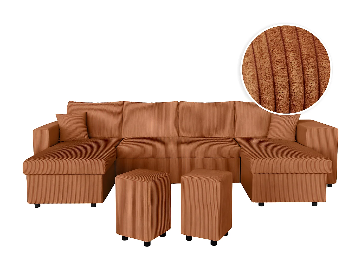 Canapé panoramique Oslo convertible avec 2 coffres, 2 poufs à droite en velours côtelé terracotta - L311 x P146 x H81cm - Loungitude