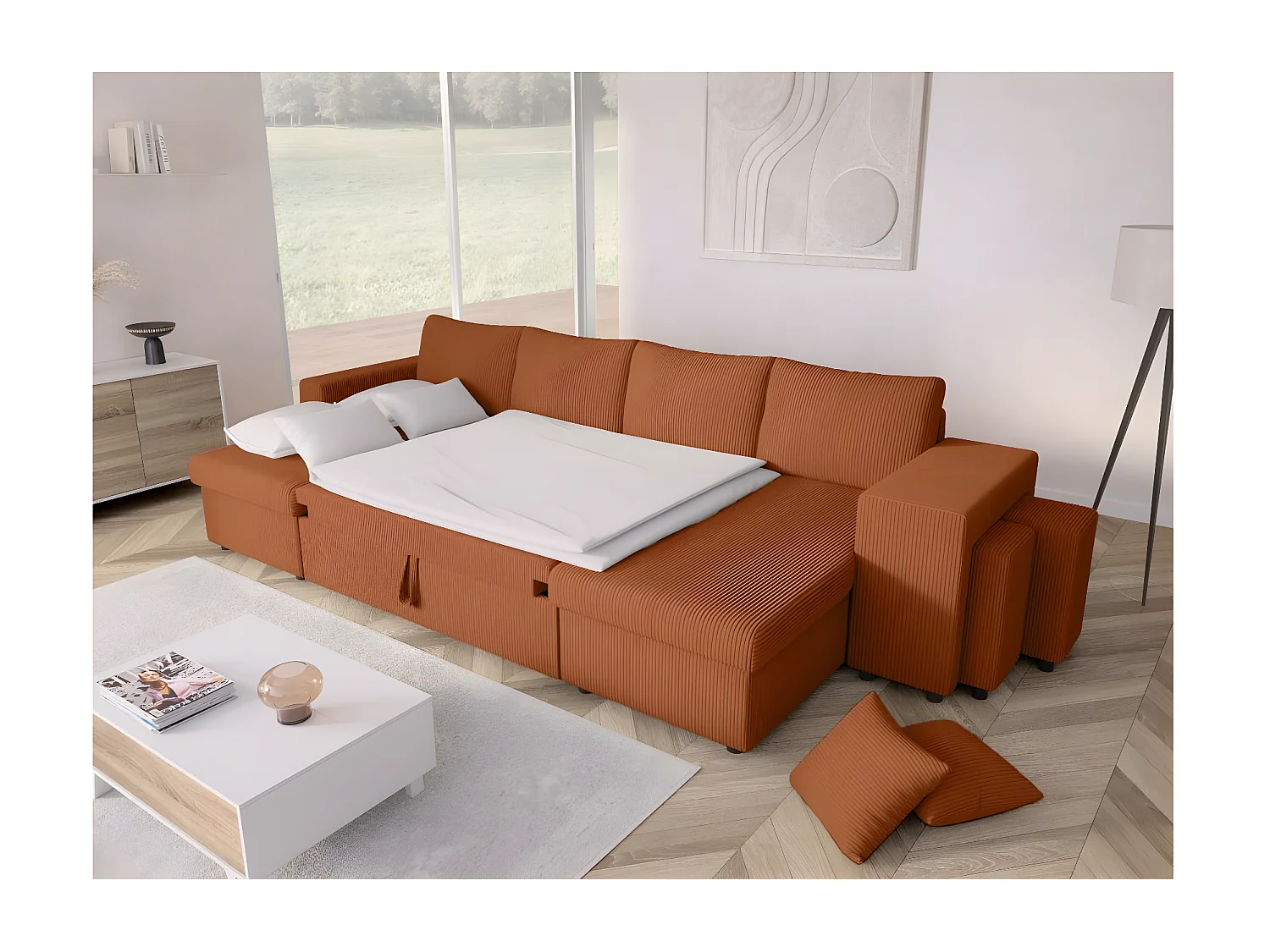 Canapé panoramique Oslo convertible avec 2 coffres, 2 poufs à droite en velours côtelé terracotta - L311 x P146 x H81cm - Loungitude