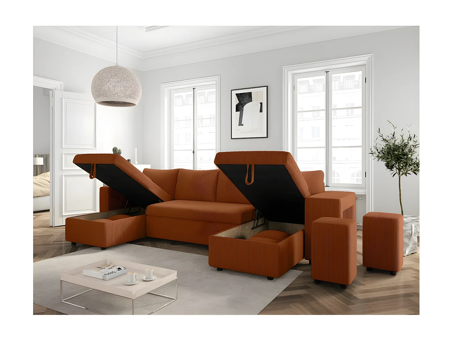 Canapé panoramique Oslo convertible avec 2 coffres, 2 poufs à droite en velours côtelé terracotta - L311 x P146 x H81cm - Loungitude