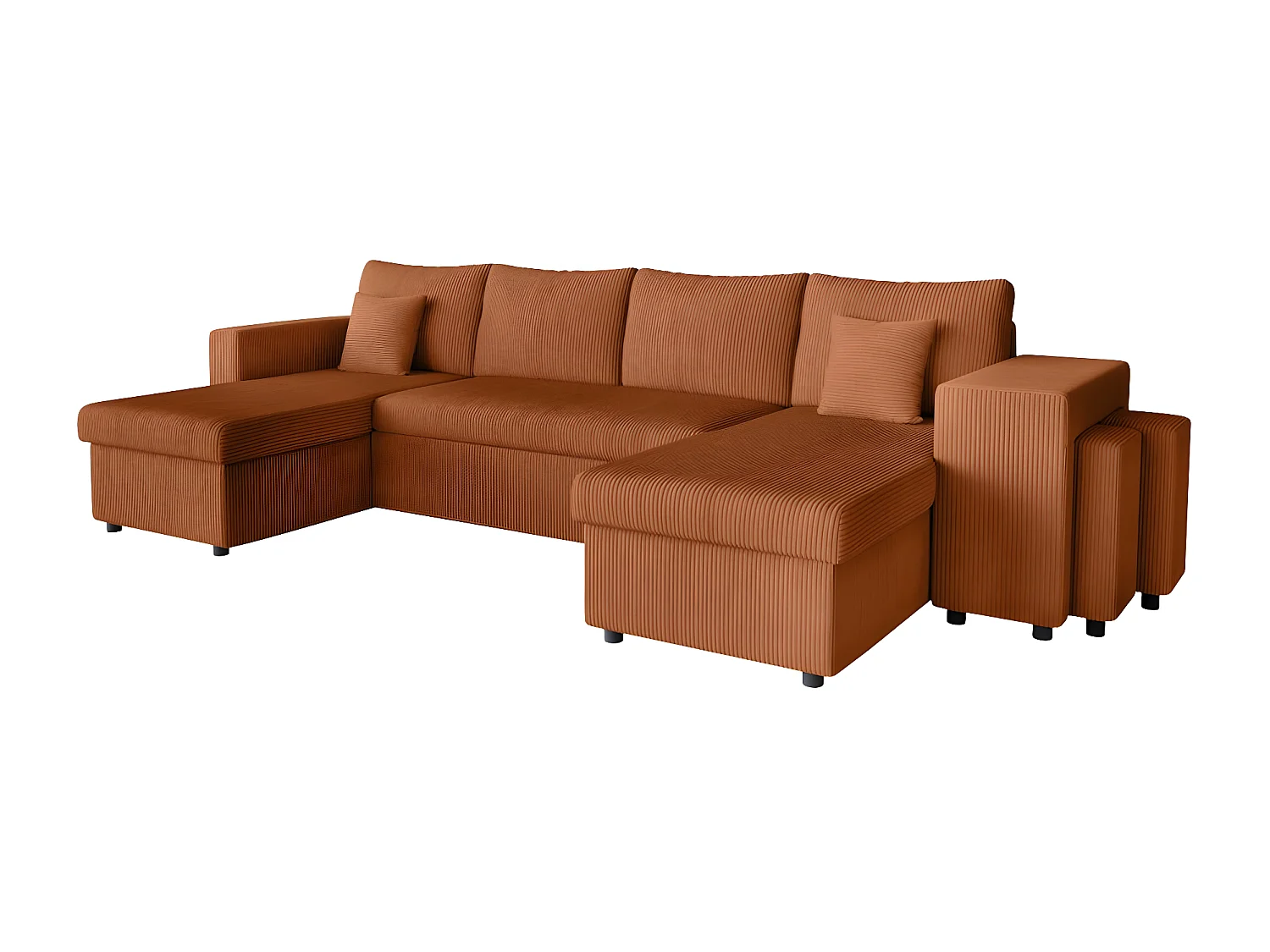 Canapé panoramique Oslo convertible avec 2 coffres, 2 poufs à droite en velours côtelé terracotta - L311 x P146 x H81cm - Loungitude