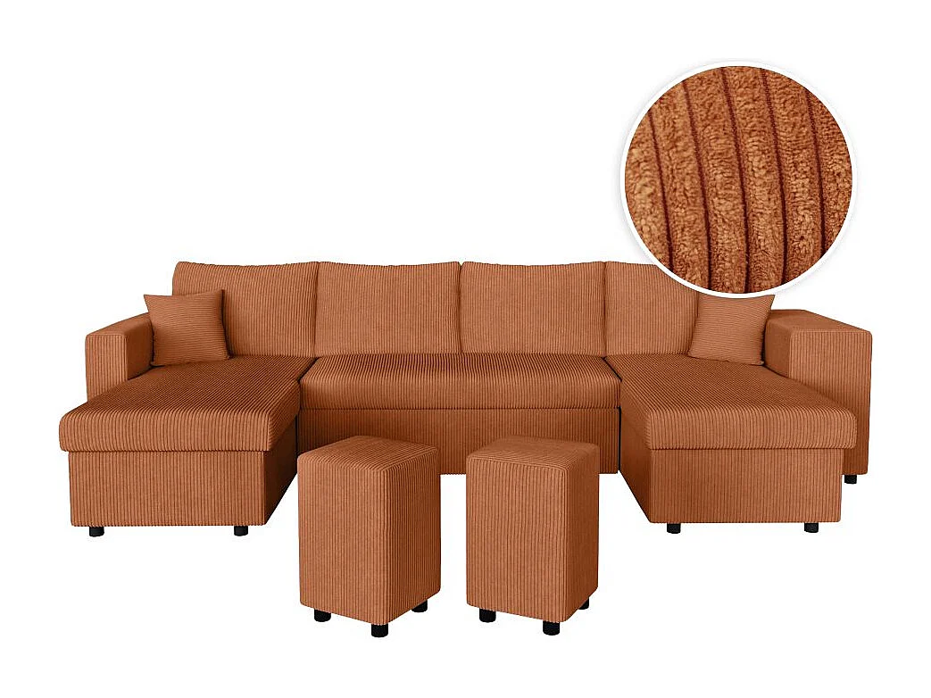 Canapé panoramique Oslo convertible avec 2 coffres, 2 poufs à droite en velours côtelé terracotta - L311 x P146 x H81cm - Loungitude