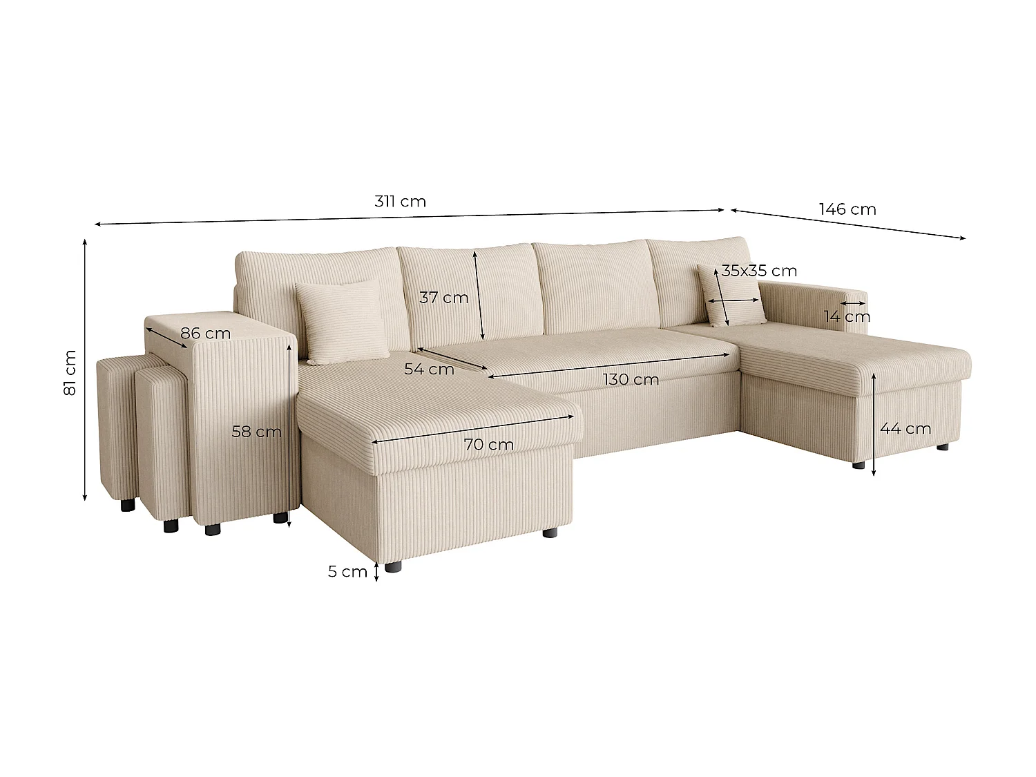 Canapé panoramique Oslo convertible avec 2 coffres, 2 poufs à droite en velours côtelé terracotta - L311 x P146 x H81cm - Loungitude