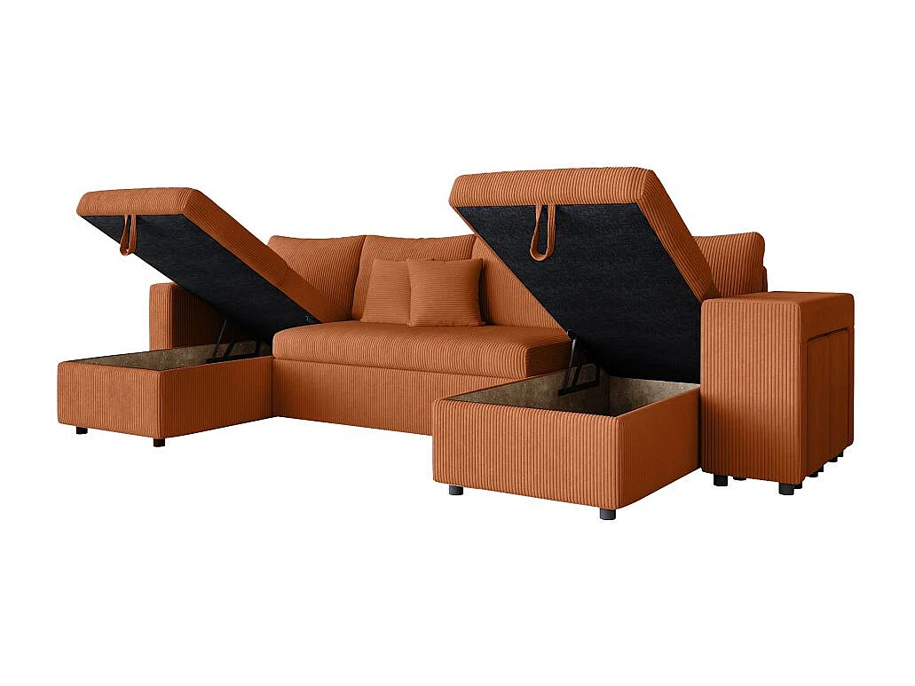 Canapé panoramique Oslo convertible avec 2 coffres, 2 poufs à droite en velours côtelé terracotta - L311 x P146 x H81cm - Loungitude