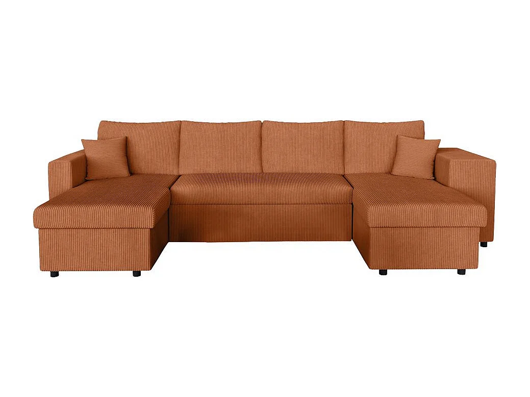 Canapé panoramique Oslo convertible avec 2 coffres, 2 poufs à droite en velours côtelé terracotta - L311 x P146 x H81cm - Loungitude