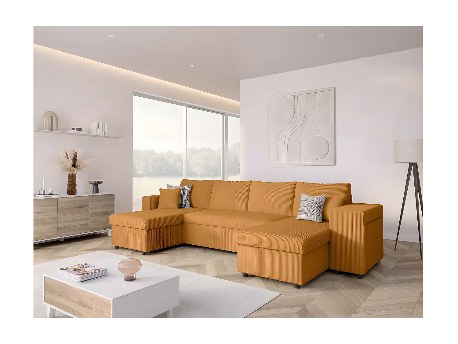 Canapé panoramique Oslo convertible avec 2 coffres, 2 poufs à droite en velours côtelé jaune - L311 x P146 x H81cm - Loungitude