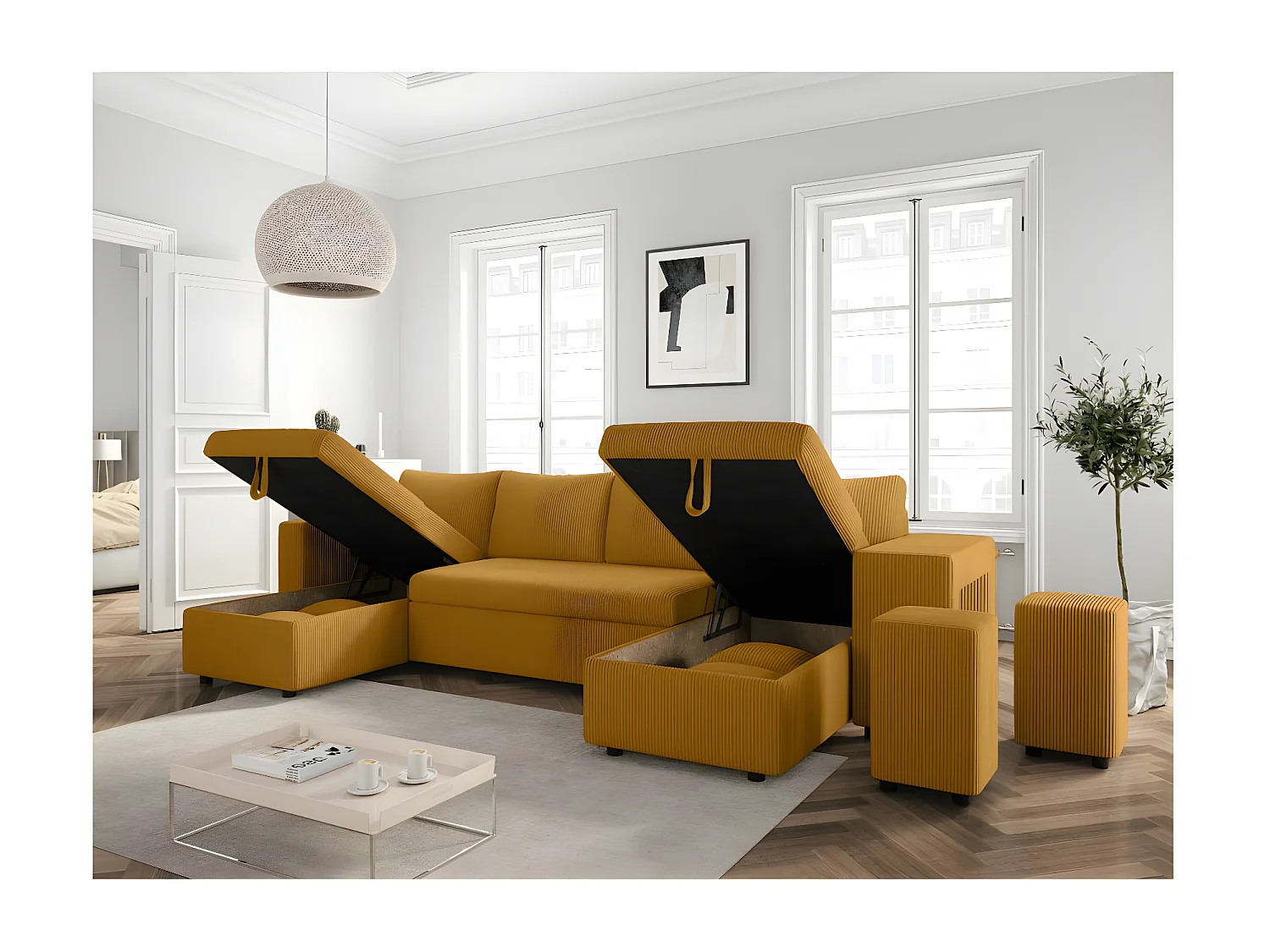 Canapé panoramique Oslo convertible avec 2 coffres, 2 poufs à droite en velours côtelé jaune - L311 x P146 x H81cm - Loungitude