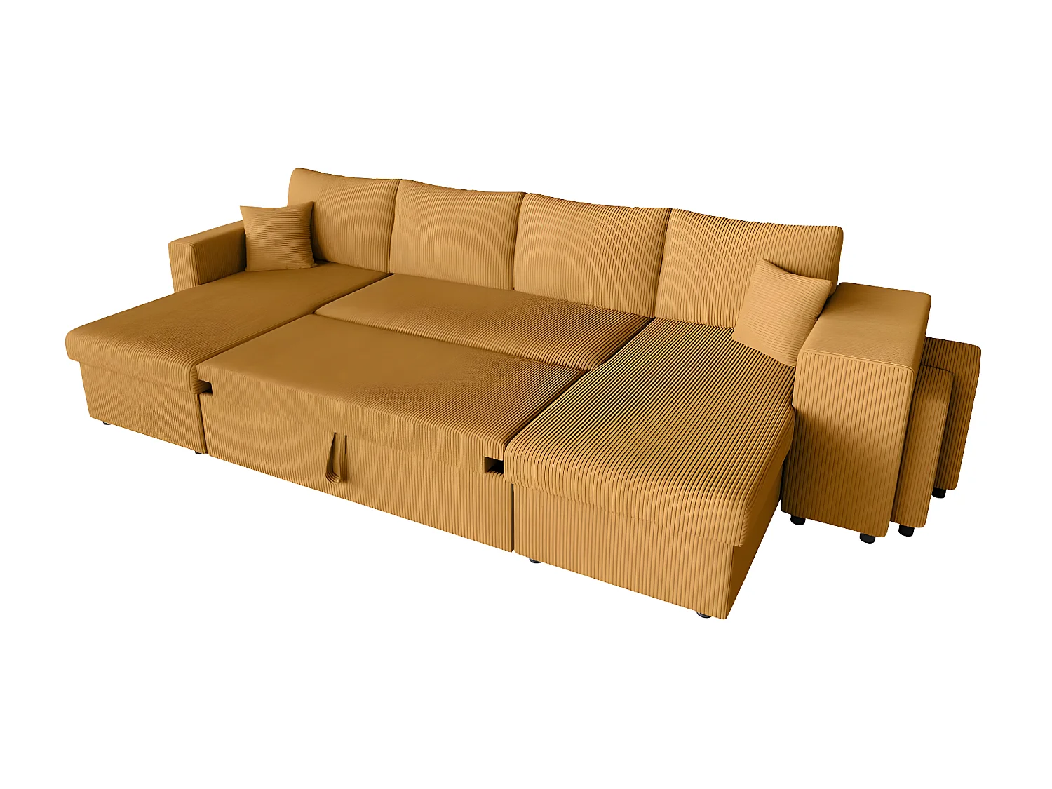Canapé panoramique Oslo convertible avec 2 coffres, 2 poufs à droite en velours côtelé jaune - L311 x P146 x H81cm - Loungitude