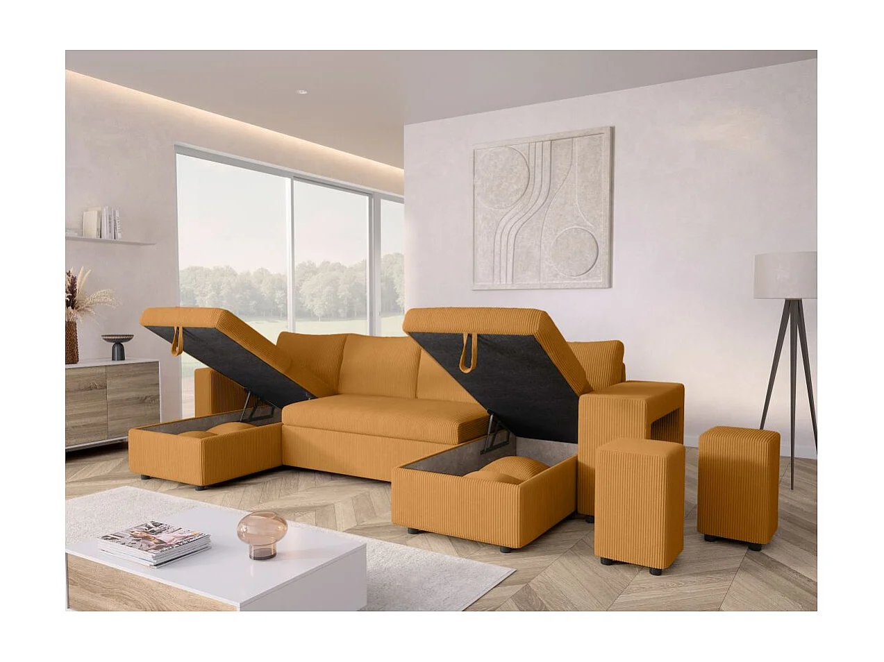 Canapé panoramique Oslo convertible avec 2 coffres, 2 poufs à droite en velours côtelé jaune - L311 x P146 x H81cm - Loungitude