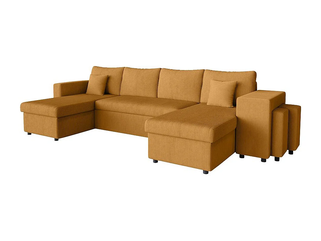 Canapé panoramique Oslo convertible avec 2 coffres, 2 poufs à droite en velours côtelé jaune - L311 x P146 x H81cm - Loungitude