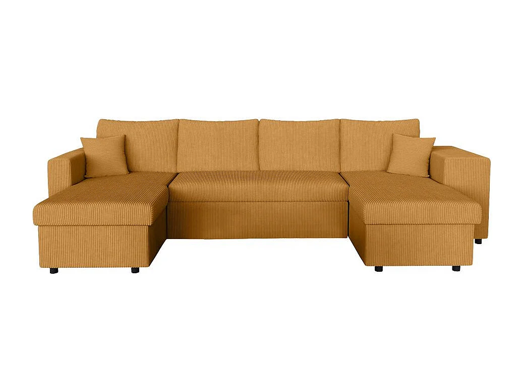 Canapé panoramique Oslo convertible avec 2 coffres, 2 poufs à droite en velours côtelé jaune - L311 x P146 x H81cm - Loungitude