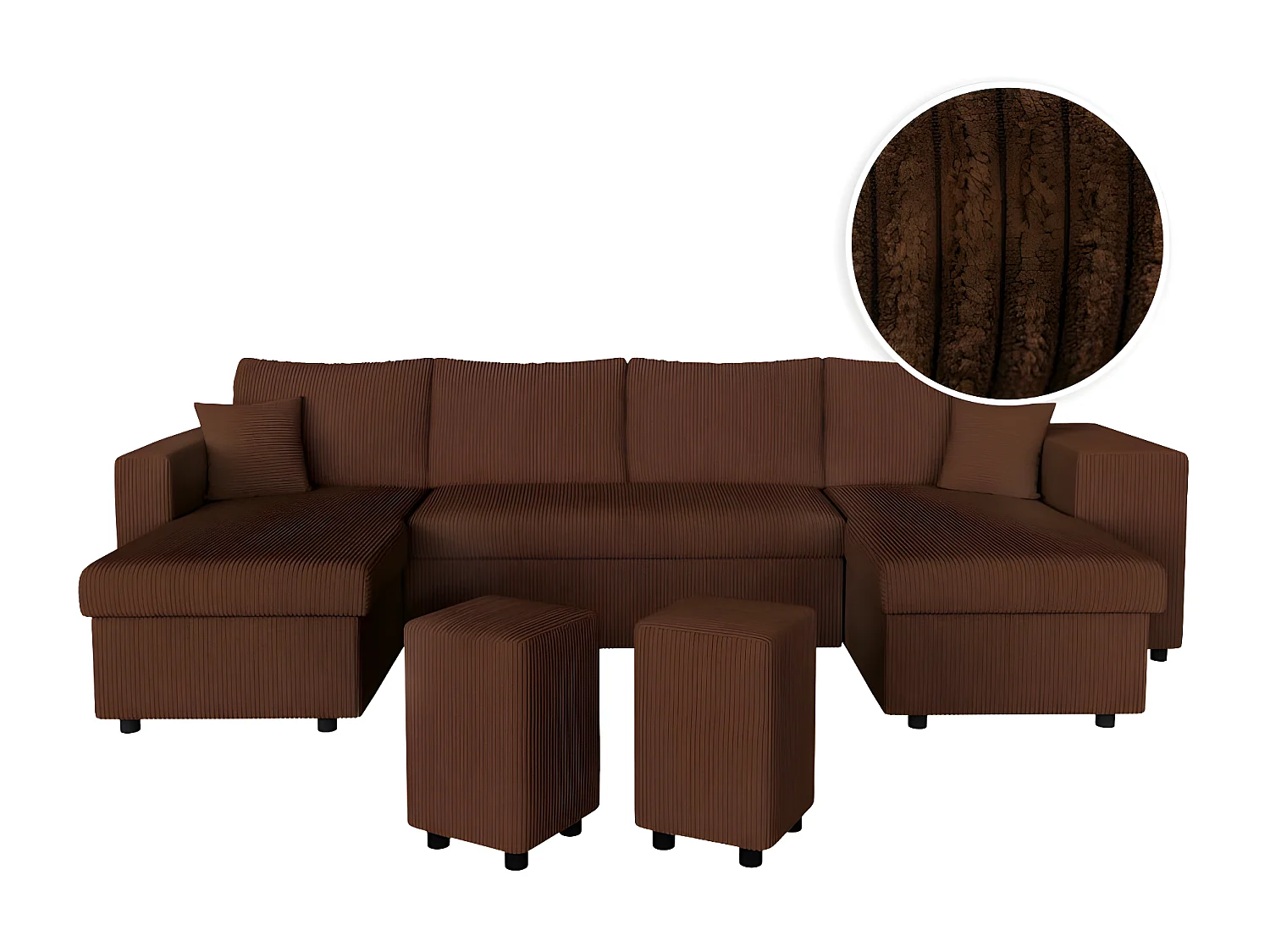 Canapé panoramique Oslo convertible avec 2 coffres, 2 poufs à droite en velours côtelé marron - L311 x P146 x H81cm - Loungitude