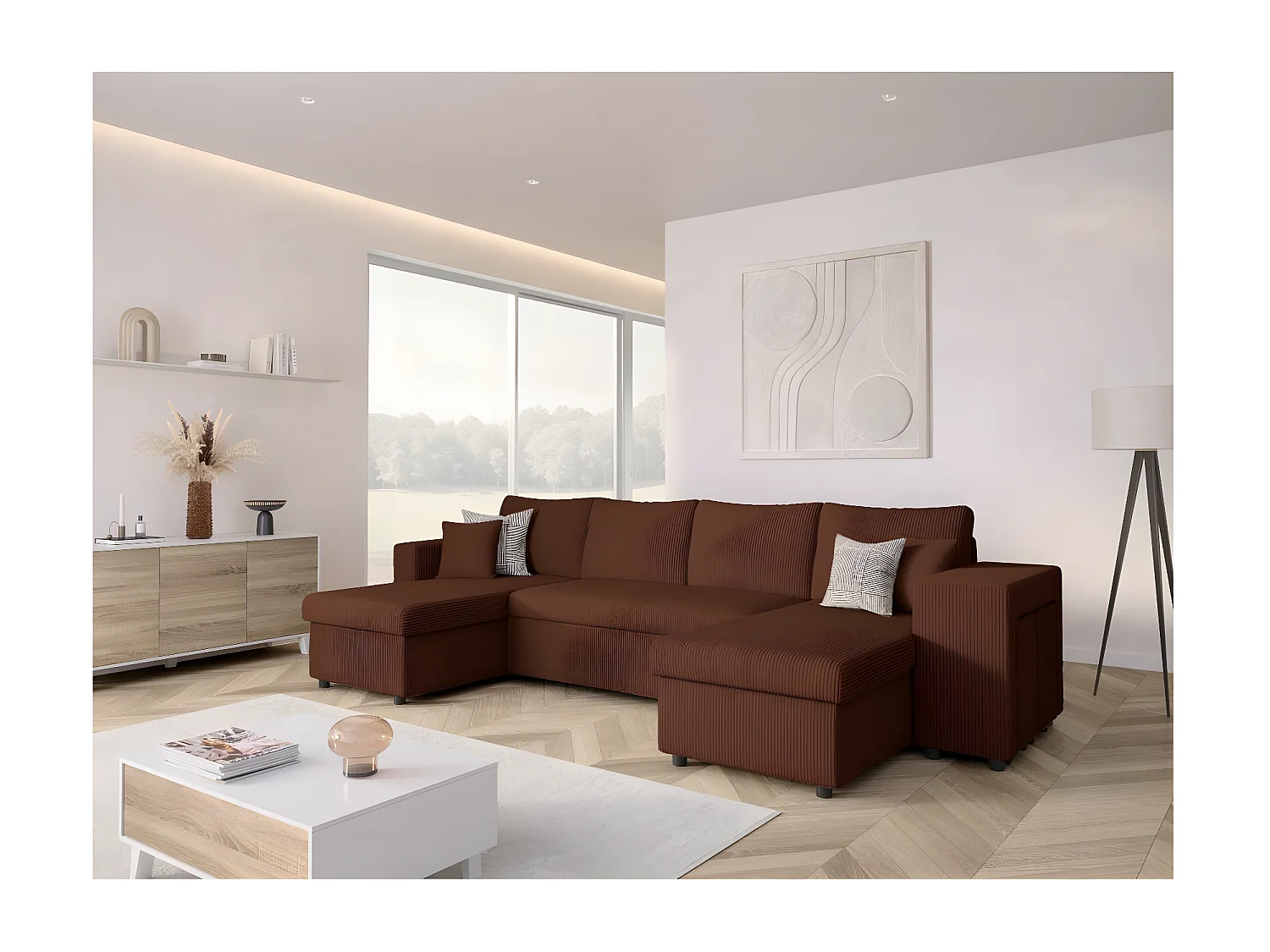 Canapé panoramique Oslo convertible avec 2 coffres, 2 poufs à droite en velours côtelé marron - L311 x P146 x H81cm - Loungitude