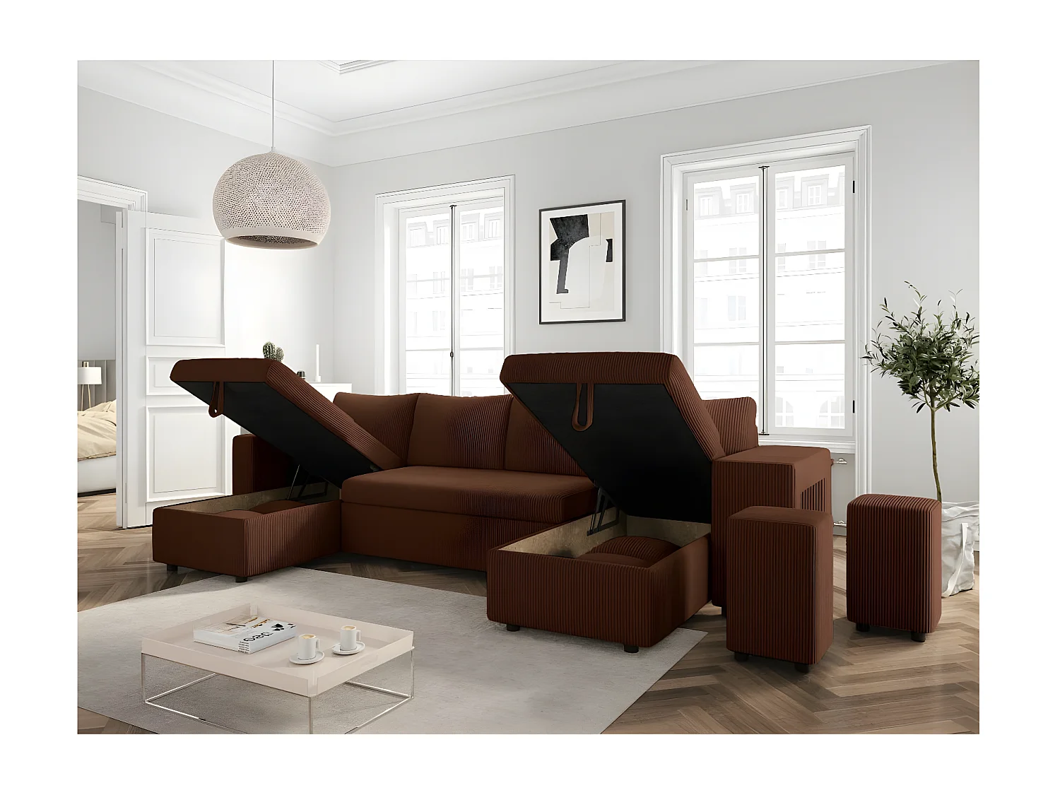 Canapé panoramique Oslo convertible avec 2 coffres, 2 poufs à droite en velours côtelé marron - L311 x P146 x H81cm - Loungitude