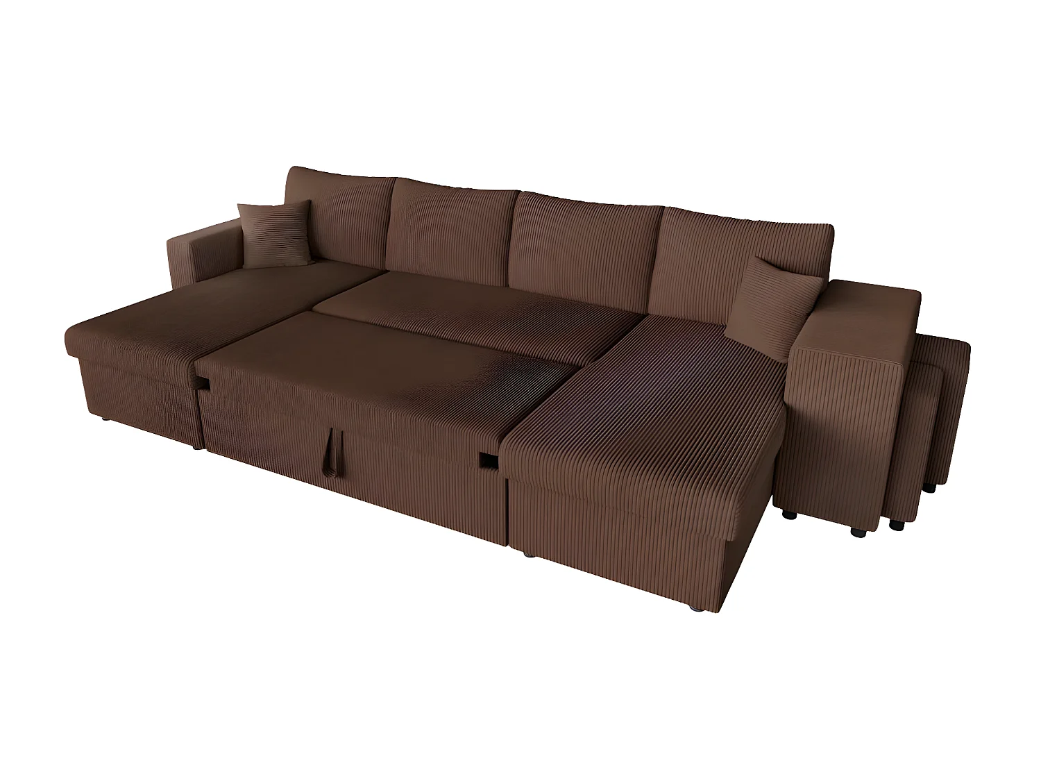 Canapé panoramique Oslo convertible avec 2 coffres, 2 poufs à droite en velours côtelé marron - L311 x P146 x H81cm - Loungitude