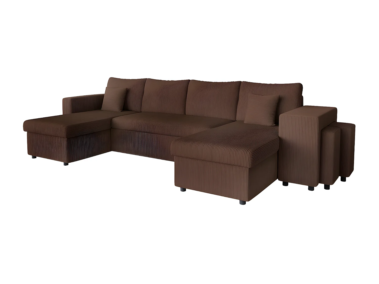 Canapé panoramique Oslo convertible avec 2 coffres, 2 poufs à droite en velours côtelé marron - L311 x P146 x H81cm - Loungitude