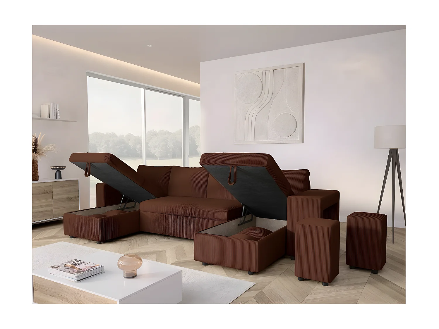 Canapé panoramique Oslo convertible avec 2 coffres, 2 poufs à droite en velours côtelé marron - L311 x P146 x H81cm - Loungitude