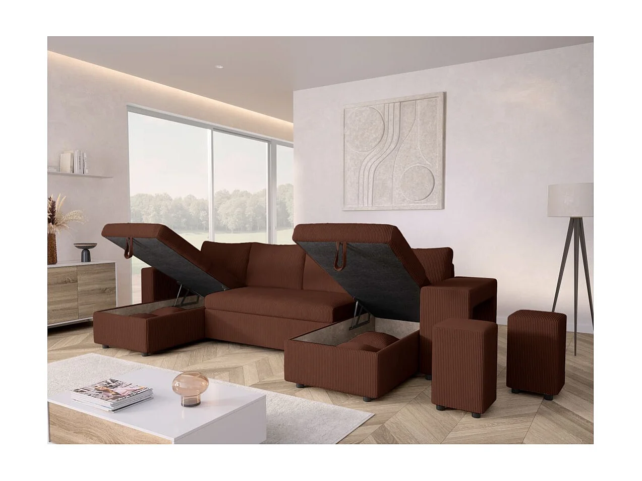 Canapé panoramique Oslo convertible avec 2 coffres, 2 poufs à droite en velours côtelé marron - L311 x P146 x H81cm - Loungitude