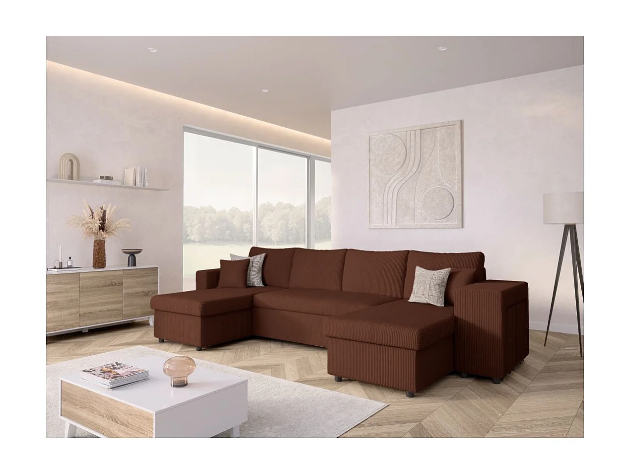 Canapé panoramique Oslo convertible avec 2 coffres, 2 poufs à droite en velours côtelé marron - L311 x P146 x H81cm - Loungitude