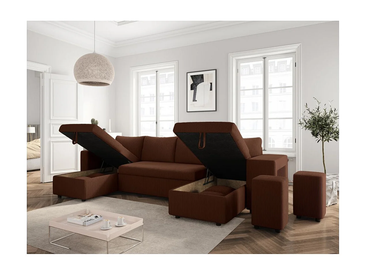 Canapé panoramique Oslo convertible avec 2 coffres, 2 poufs à droite en velours côtelé marron - L311 x P146 x H81cm - Loungitude