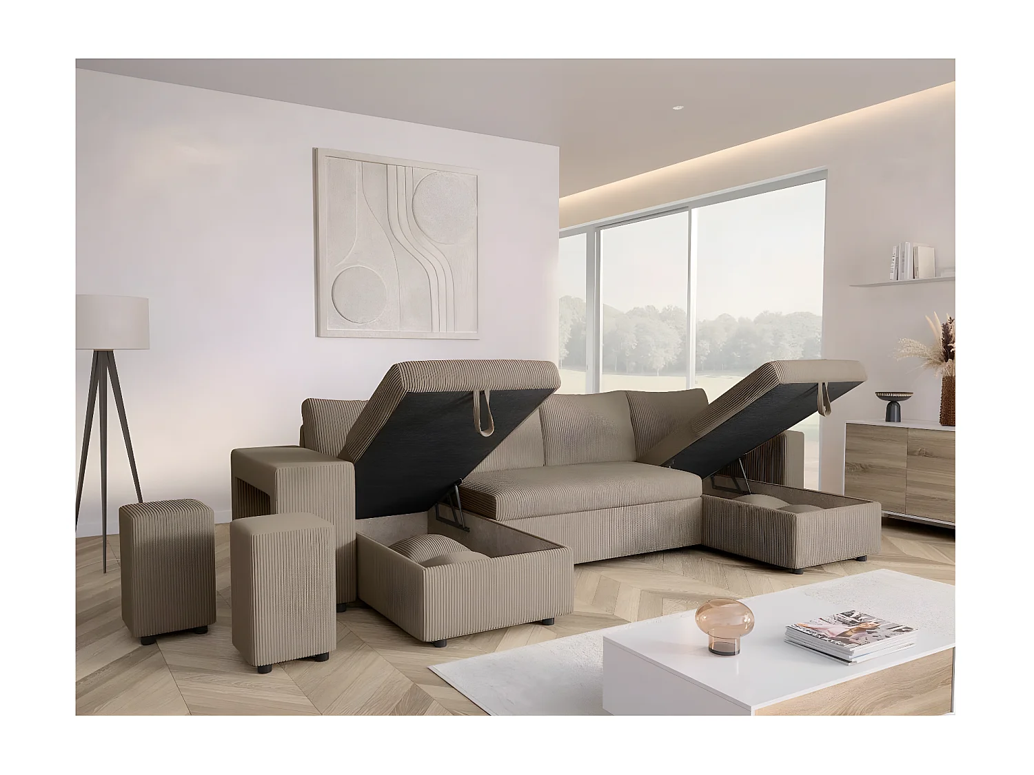 Canapé panoramique Oslo convertible avec 2 coffres, 2 poufs à gauche en velours côtelé taupe - L311 x P146 x H81cm - Loungitude