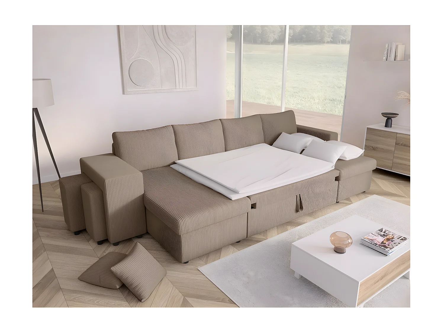Canapé panoramique Oslo convertible avec 2 coffres, 2 poufs à gauche en velours côtelé taupe - L311 x P146 x H81cm - Loungitude