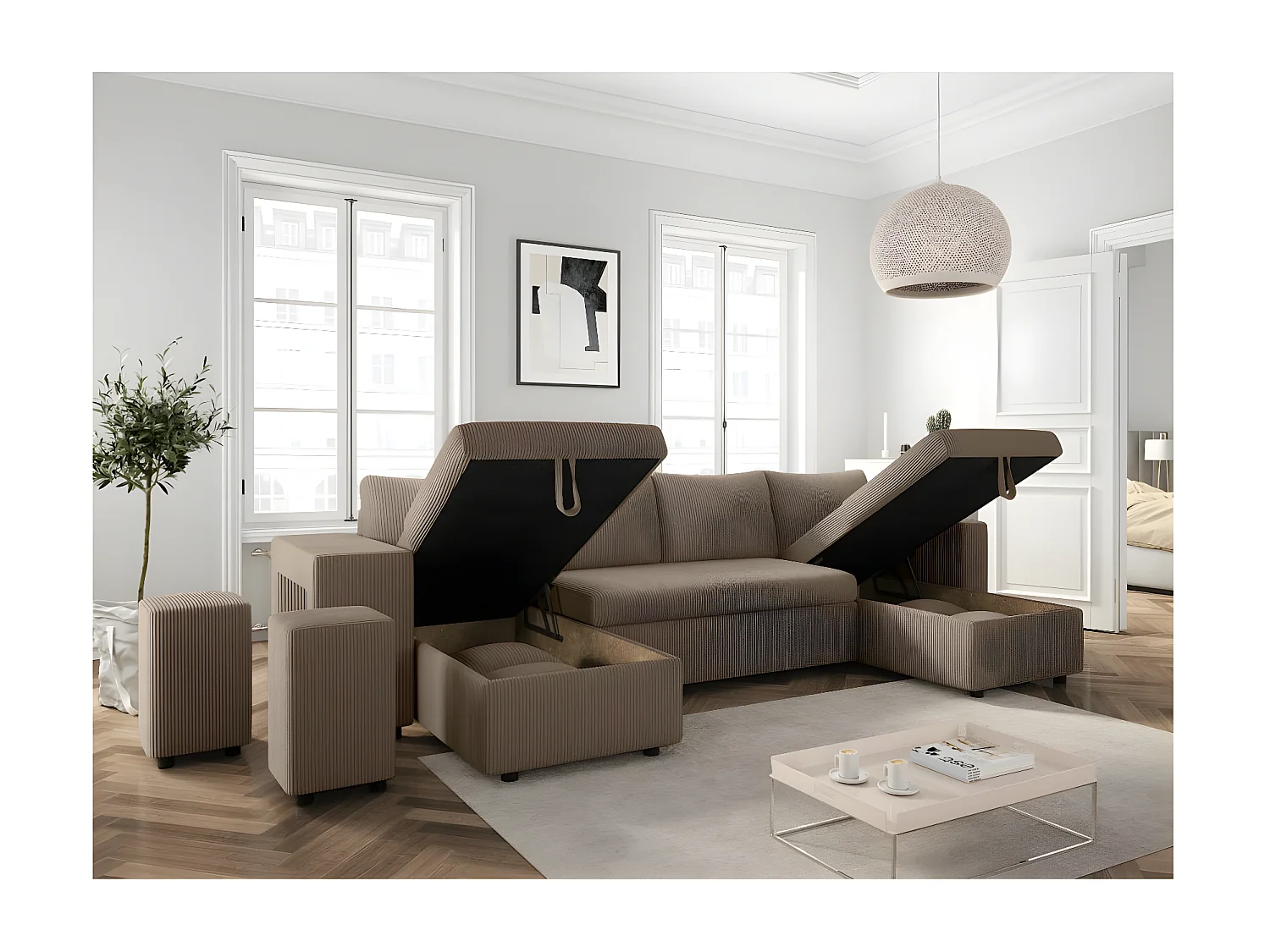 Canapé panoramique Oslo convertible avec 2 coffres, 2 poufs à gauche en velours côtelé taupe - L311 x P146 x H81cm - Loungitude