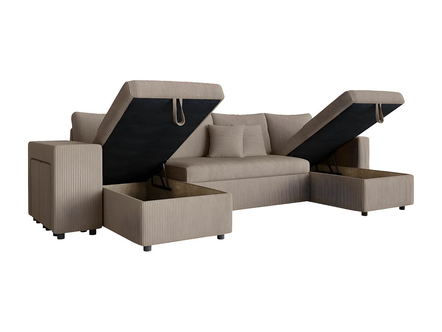 Canapé panoramique Oslo convertible avec 2 coffres, 2 poufs à gauche en velours côtelé taupe - L311 x P146 x H81cm - Loungitude