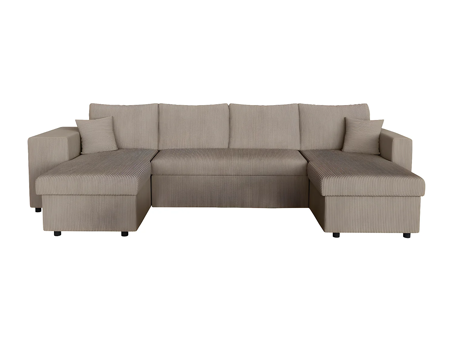 Canapé panoramique Oslo convertible avec 2 coffres, 2 poufs à gauche en velours côtelé taupe - L311 x P146 x H81cm - Loungitude