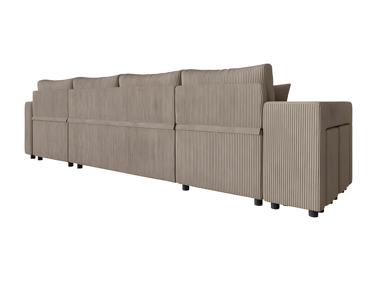 Canapé panoramique Oslo convertible avec 2 coffres, 2 poufs à gauche en velours côtelé taupe - L311 x P146 x H81cm - Loungitude