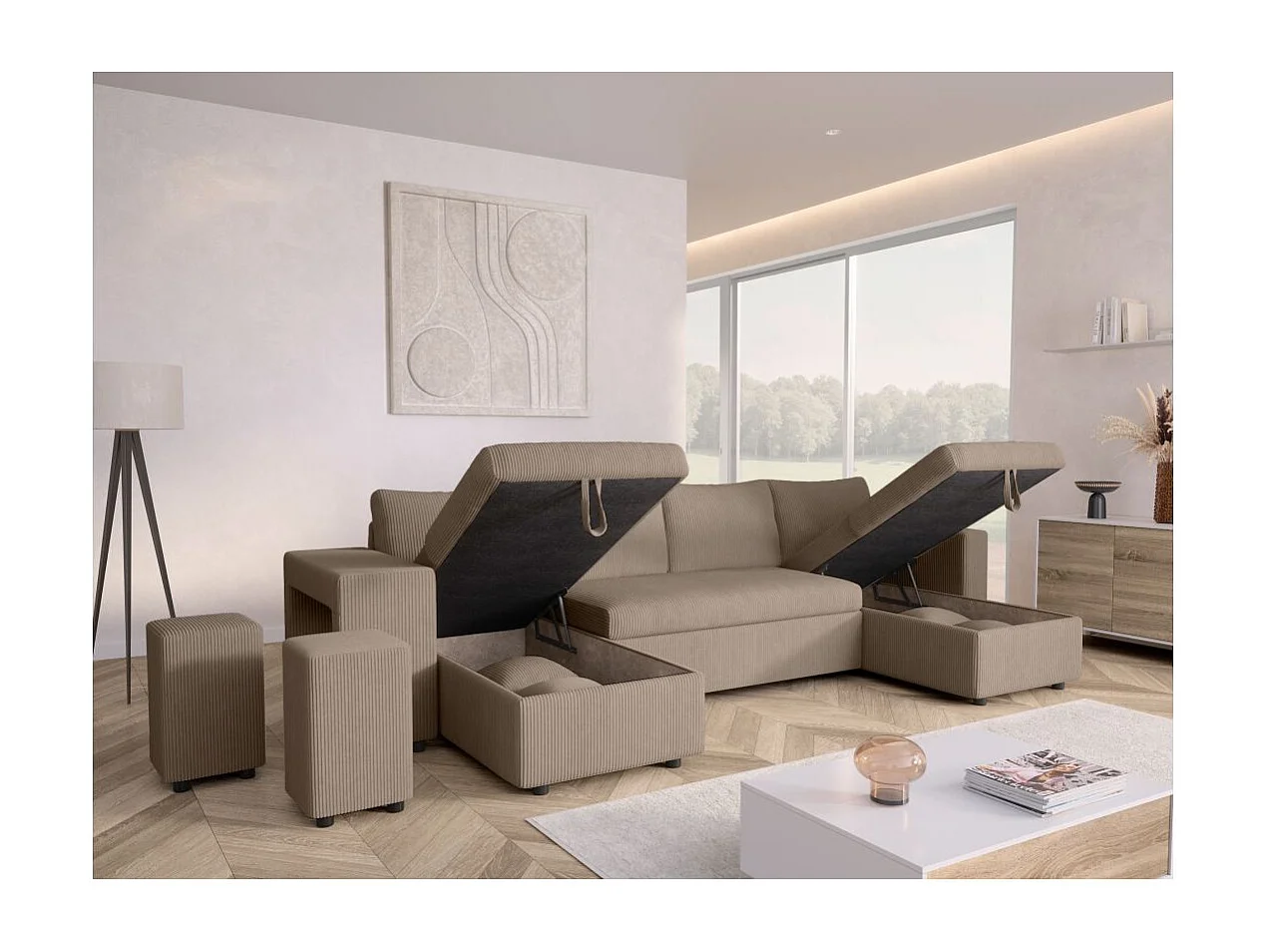 Canapé panoramique Oslo convertible avec 2 coffres, 2 poufs à gauche en velours côtelé taupe - L311 x P146 x H81cm - Loungitude