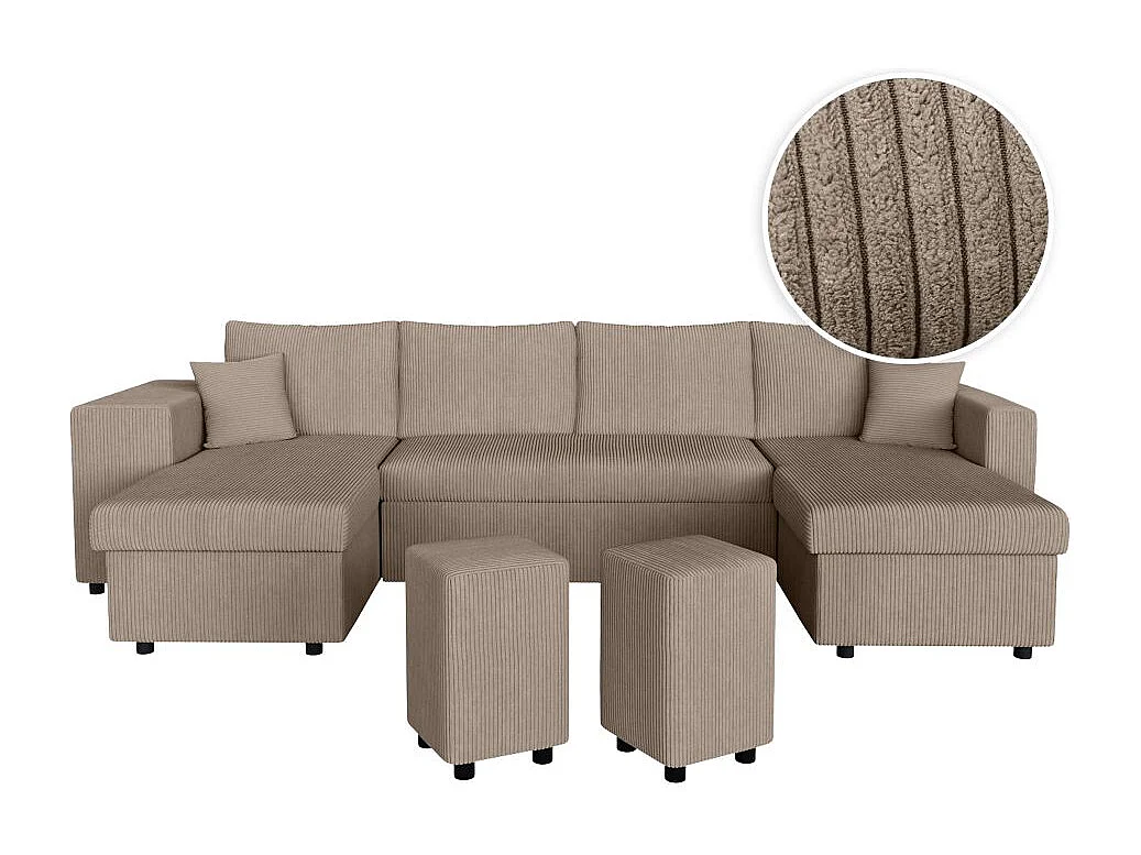 Canapé panoramique Oslo convertible avec 2 coffres, 2 poufs à gauche en velours côtelé taupe - L311 x P146 x H81cm - Loungitude