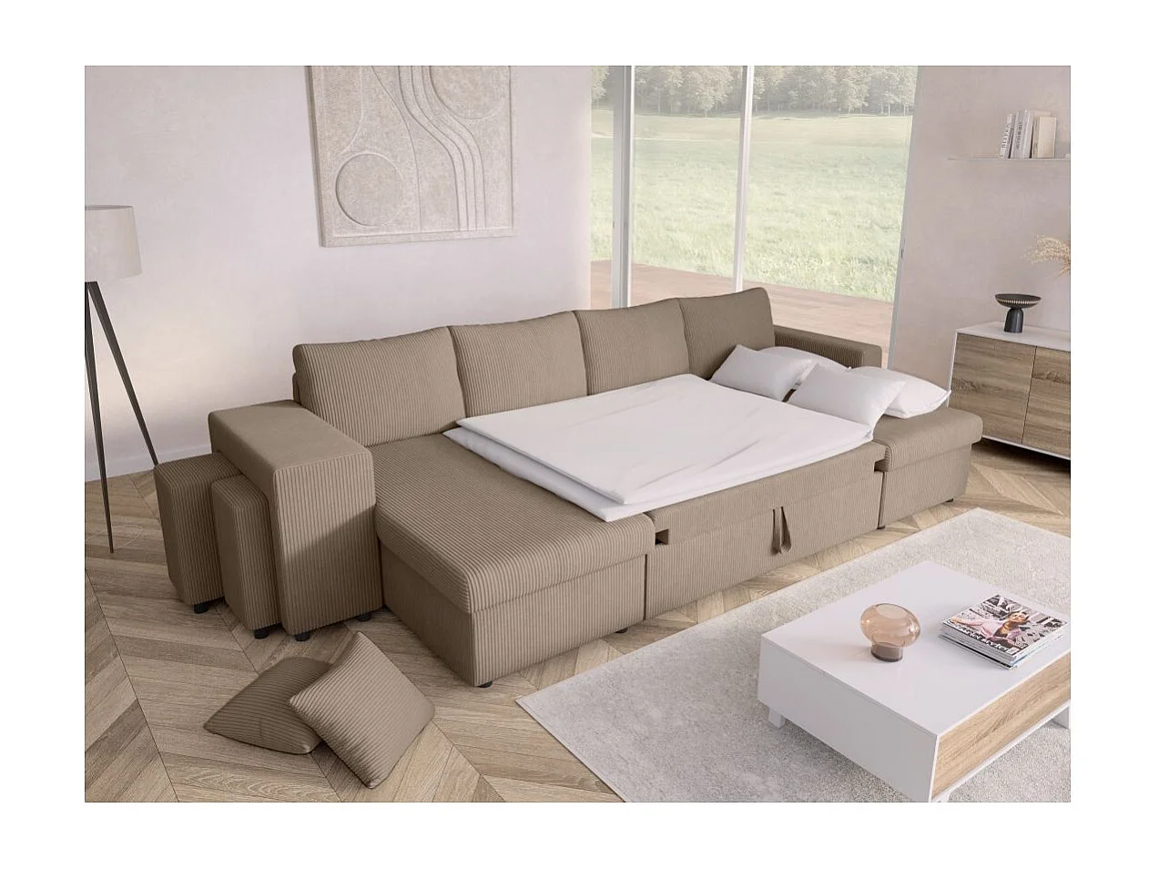 Canapé panoramique Oslo convertible avec 2 coffres, 2 poufs à gauche en velours côtelé taupe - L311 x P146 x H81cm - Loungitude