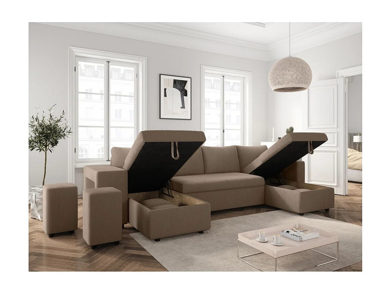 Canapé panoramique Oslo convertible avec 2 coffres, 2 poufs à gauche en velours côtelé taupe - L311 x P146 x H81cm - Loungitude
