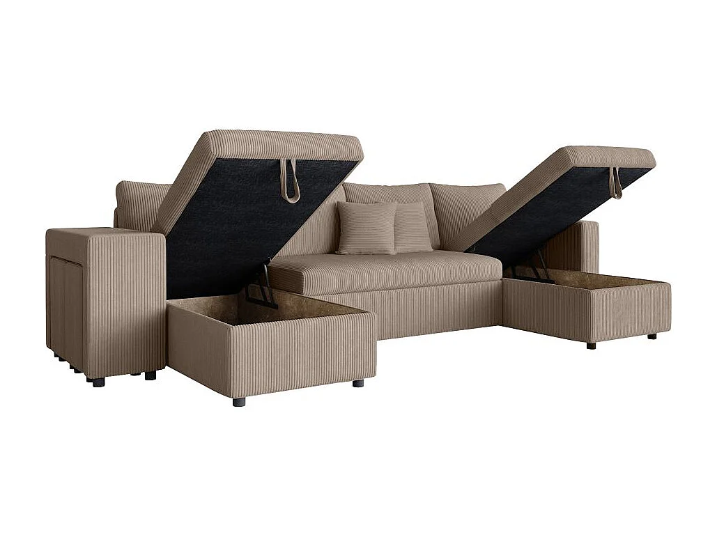 Canapé panoramique Oslo convertible avec 2 coffres, 2 poufs à gauche en velours côtelé taupe - L311 x P146 x H81cm - Loungitude