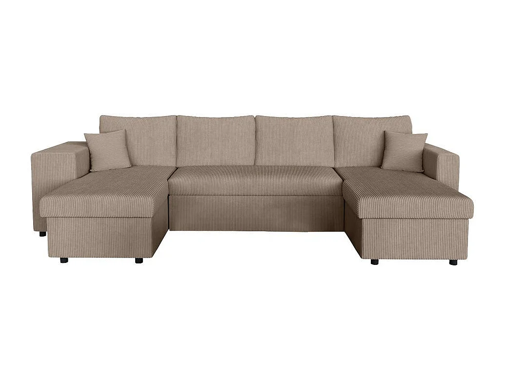 Canapé panoramique Oslo convertible avec 2 coffres, 2 poufs à gauche en velours côtelé taupe - L311 x P146 x H81cm - Loungitude