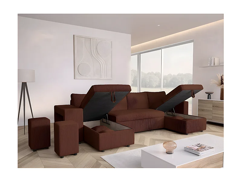 Canapé panoramique Oslo convertible avec 2 coffres, 2 poufs à gauche en velours côtelé marron - L311 x P146 x H81cm - Loungitude