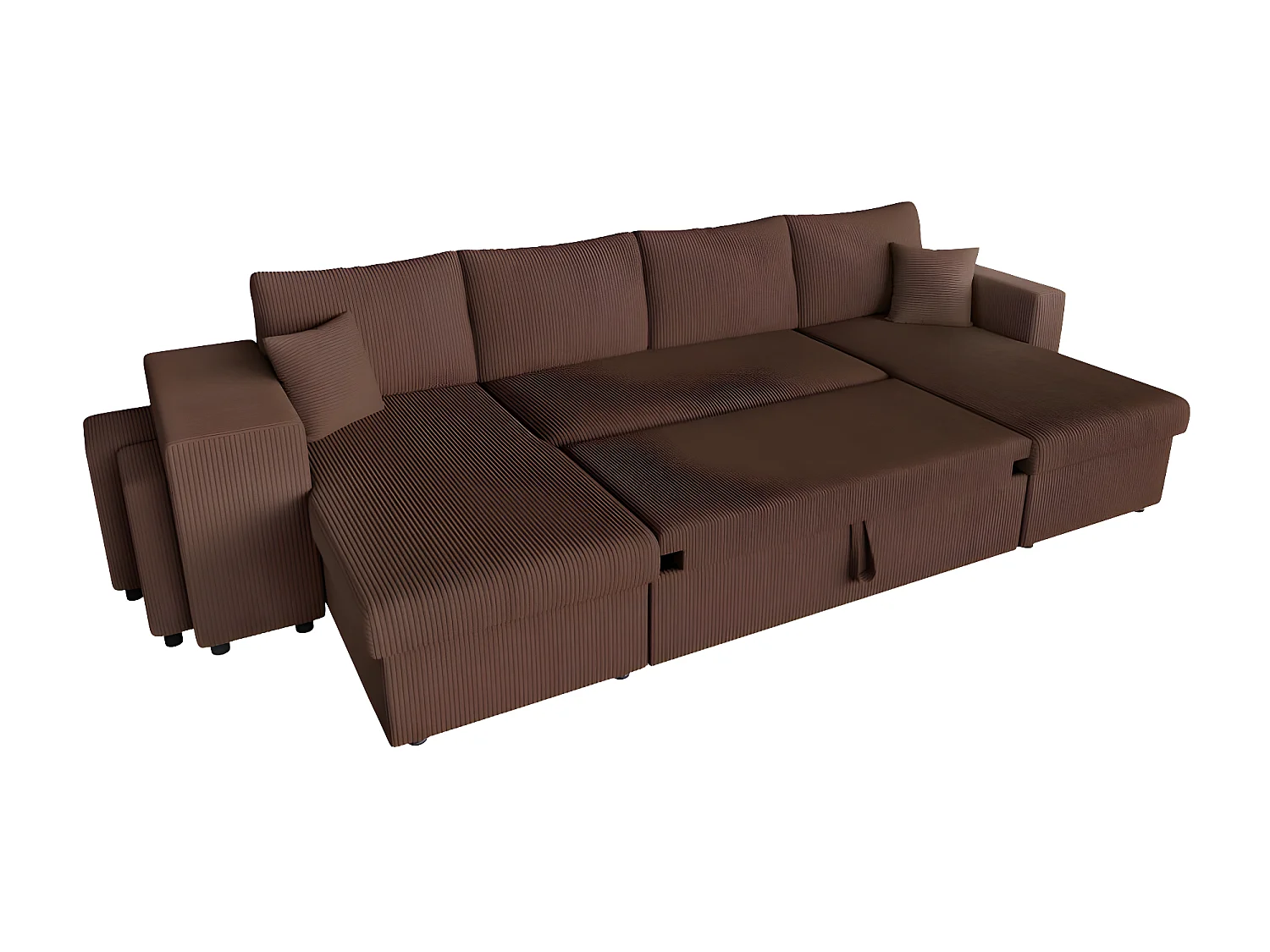 Canapé panoramique Oslo convertible avec 2 coffres, 2 poufs à gauche en velours côtelé marron - L311 x P146 x H81cm - Loungitude