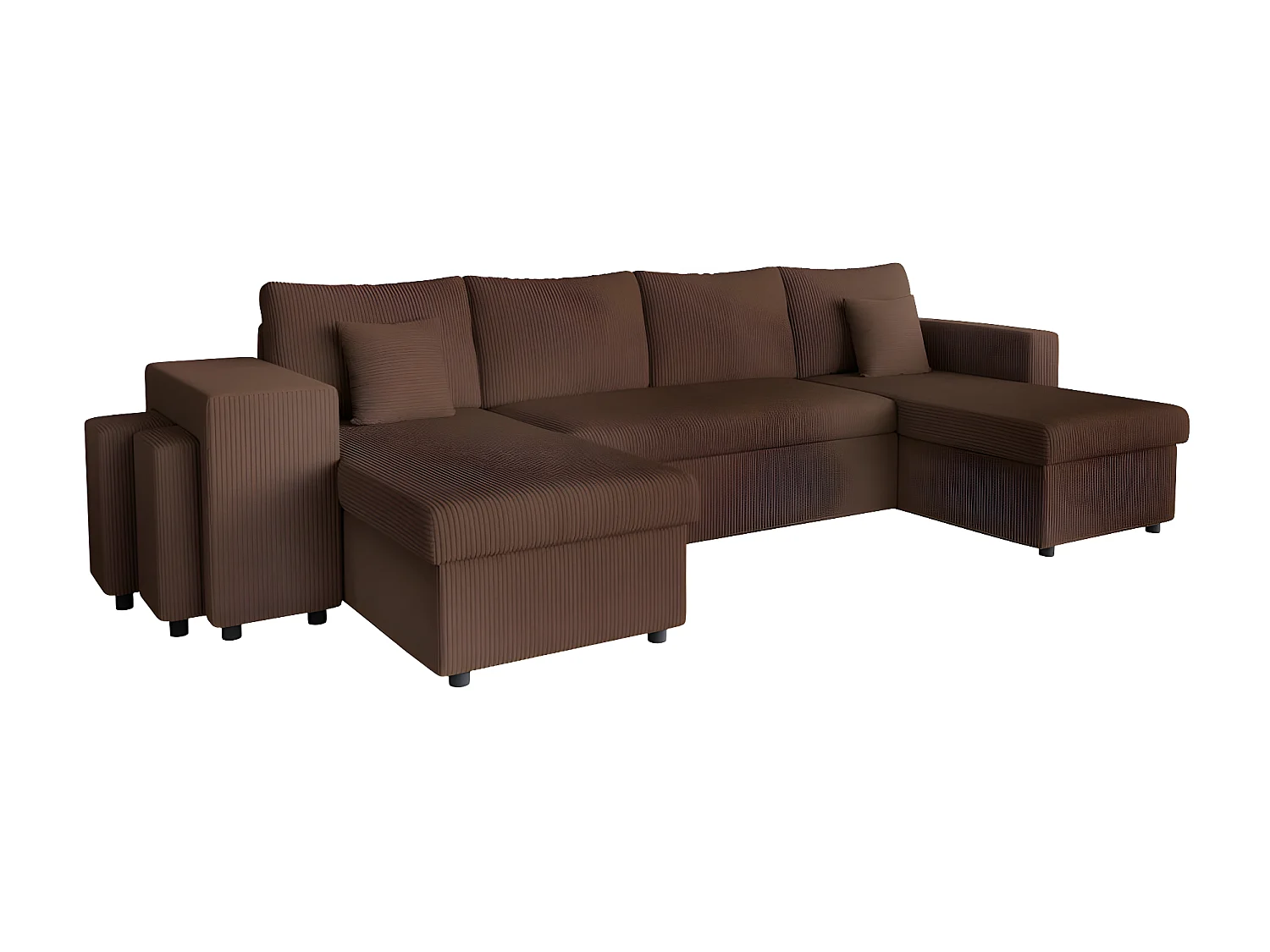 Canapé panoramique Oslo convertible avec 2 coffres, 2 poufs à gauche en velours côtelé marron - L311 x P146 x H81cm - Loungitude