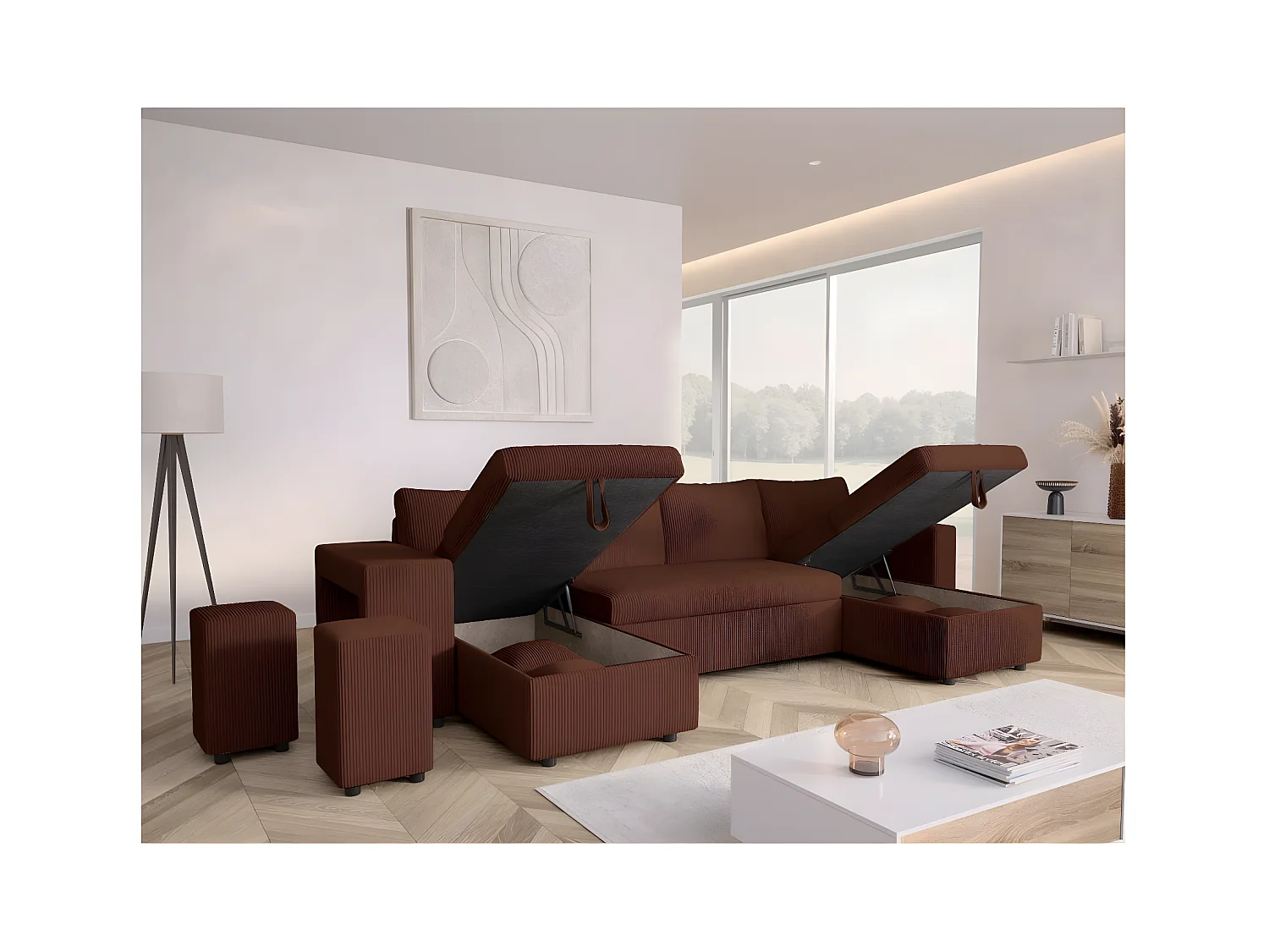 Canapé panoramique Oslo convertible avec 2 coffres, 2 poufs à gauche en velours côtelé marron - L311 x P146 x H81cm - Loungitude
