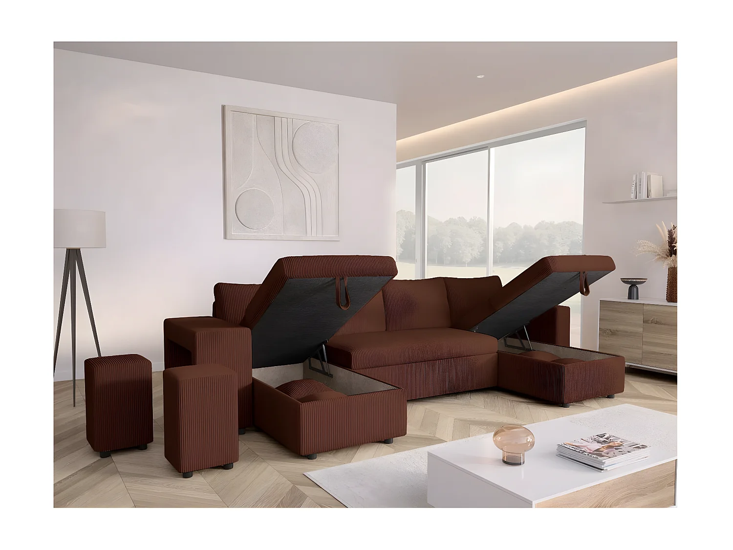 Canapé panoramique Oslo convertible avec 2 coffres, 2 poufs à gauche en velours côtelé marron - L311 x P146 x H81cm - Loungitude