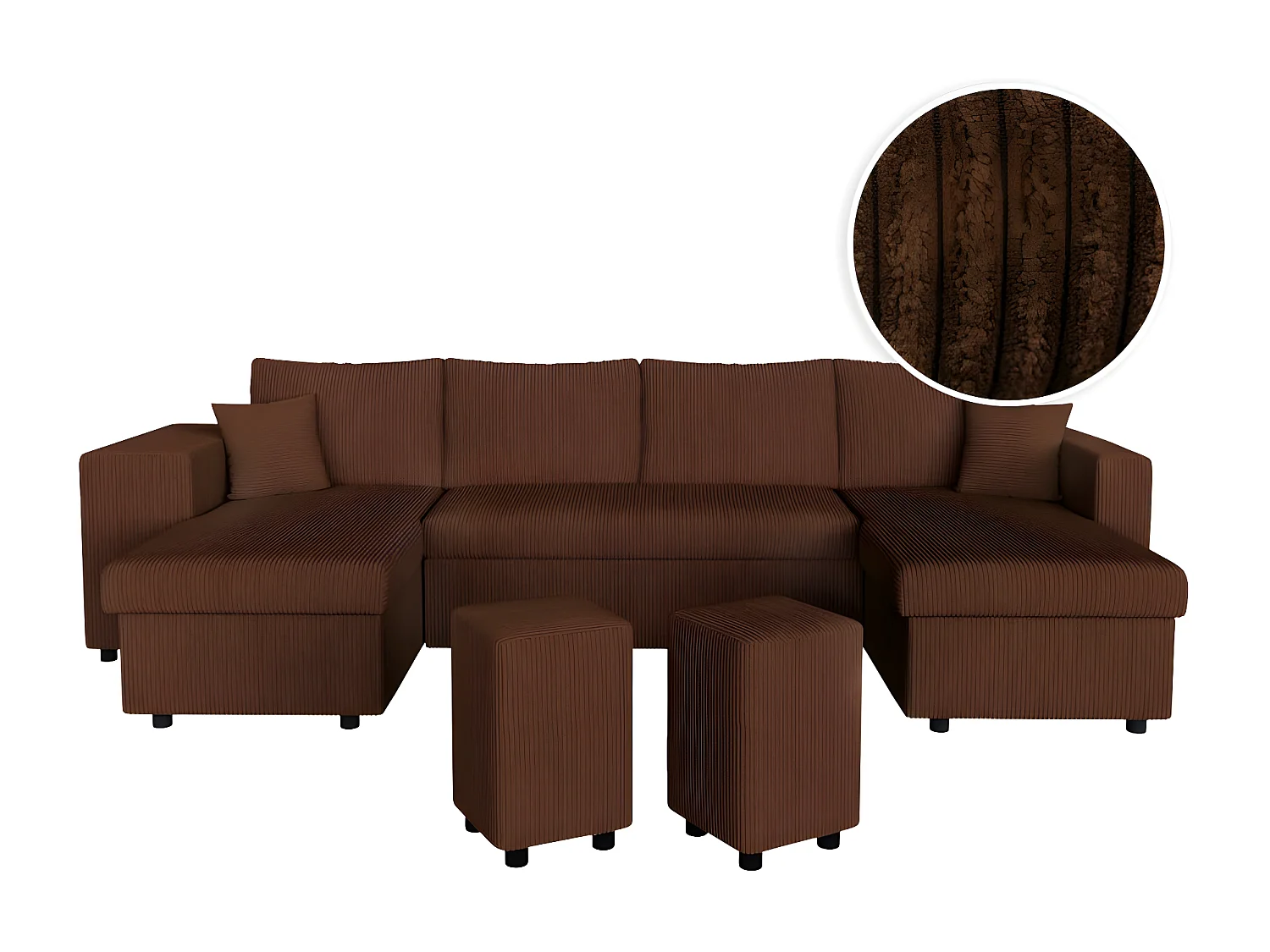 Canapé panoramique Oslo convertible avec 2 coffres, 2 poufs à gauche en velours côtelé marron - L311 x P146 x H81cm - Loungitude