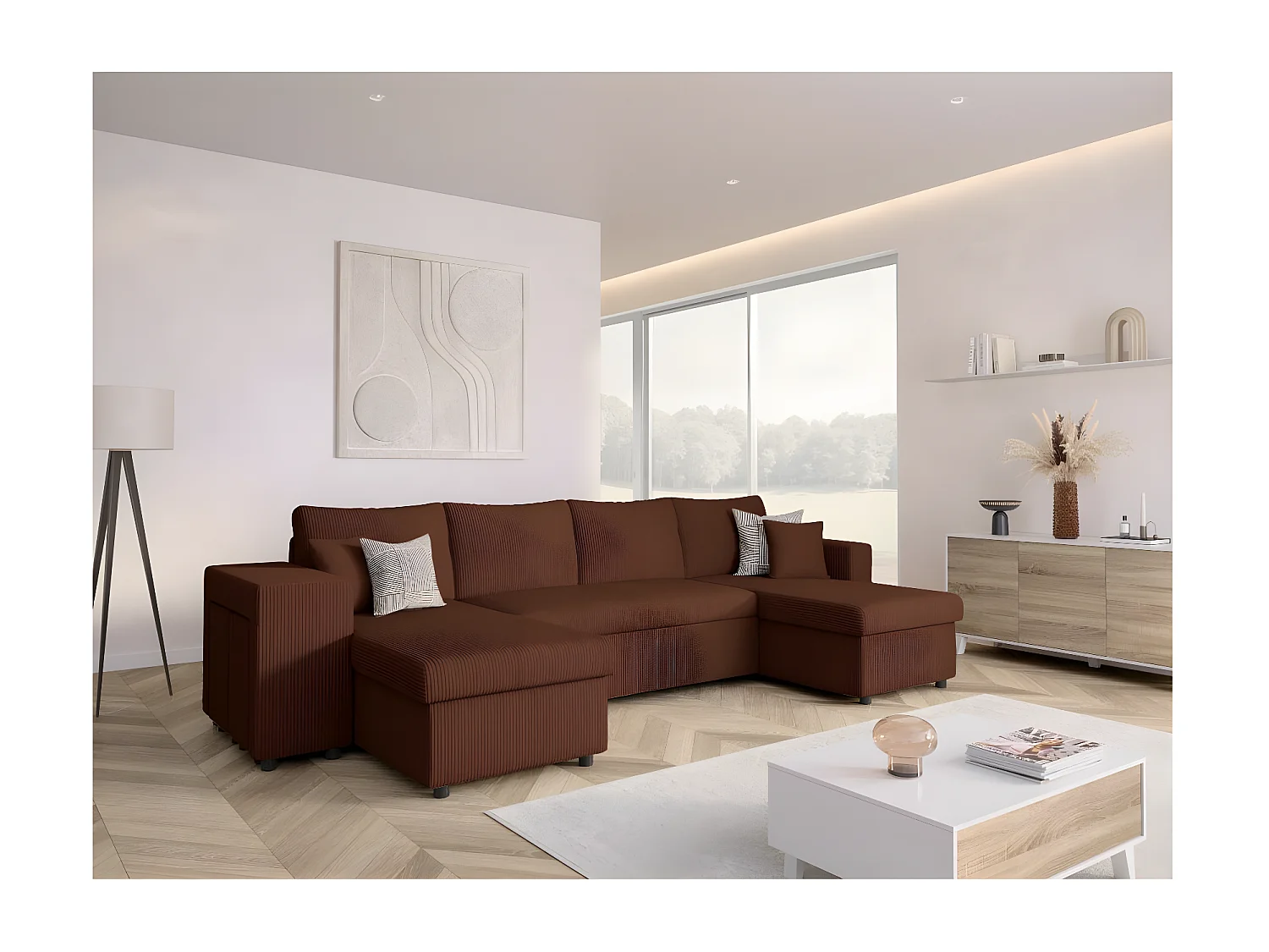 Canapé panoramique Oslo convertible avec 2 coffres, 2 poufs à gauche en velours côtelé marron - L311 x P146 x H81cm - Loungitude