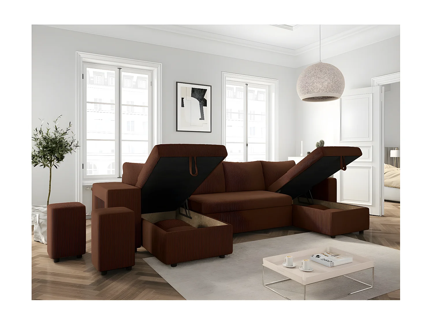 Canapé panoramique Oslo convertible avec 2 coffres, 2 poufs à gauche en velours côtelé marron - L311 x P146 x H81cm - Loungitude