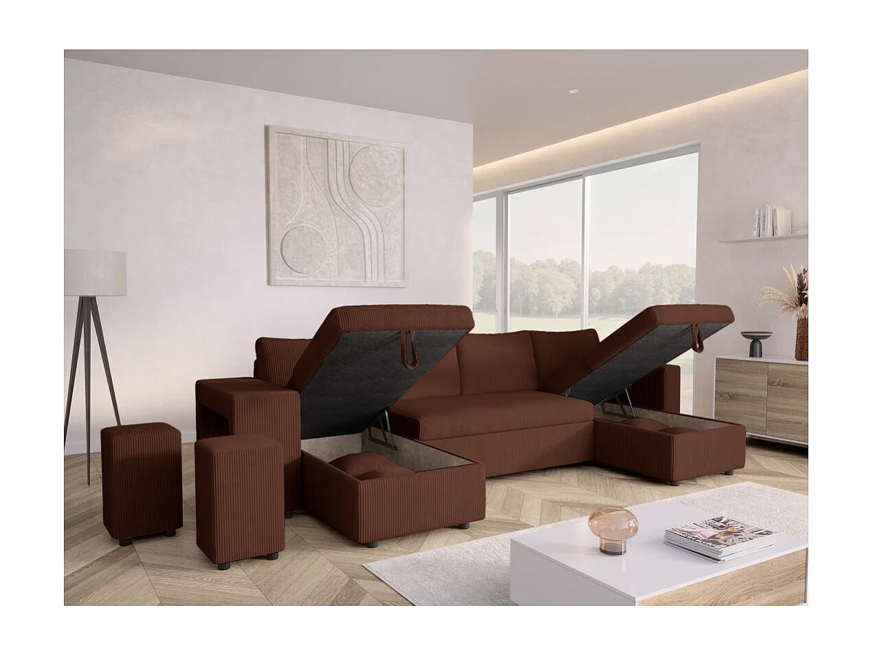 Canapé panoramique Oslo convertible avec 2 coffres, 2 poufs à gauche en velours côtelé marron - L311 x P146 x H81cm - Loungitude