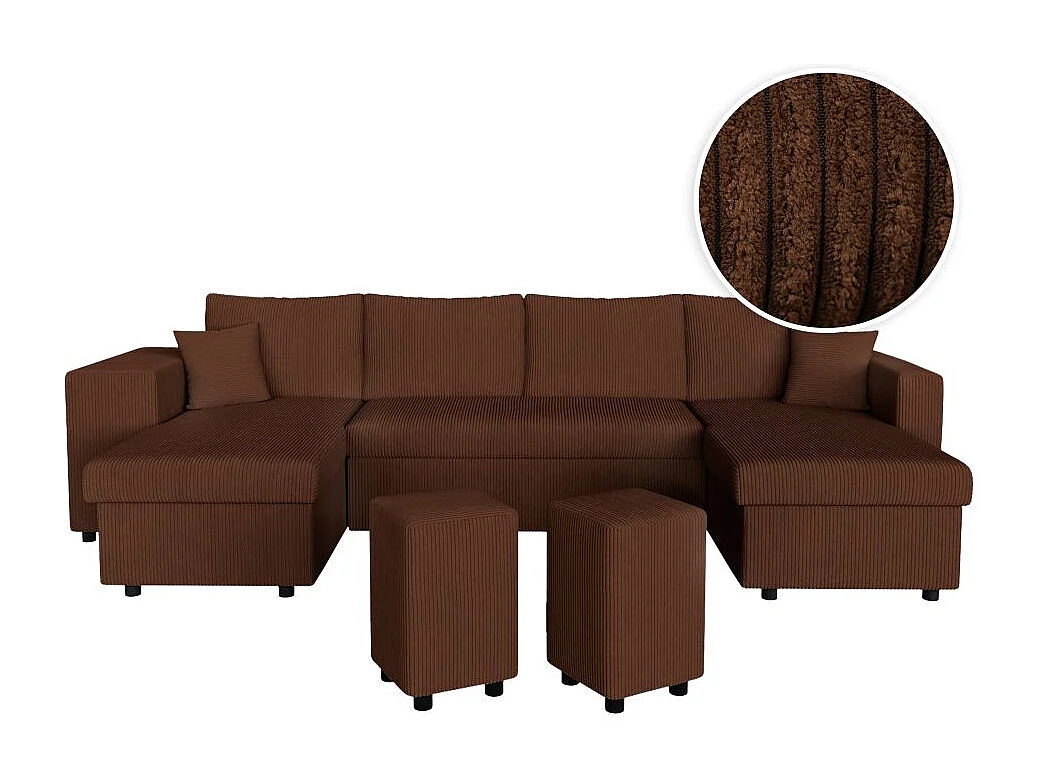 Canapé panoramique Oslo convertible avec 2 coffres, 2 poufs à gauche en velours côtelé marron - L311 x P146 x H81cm - Loungitude