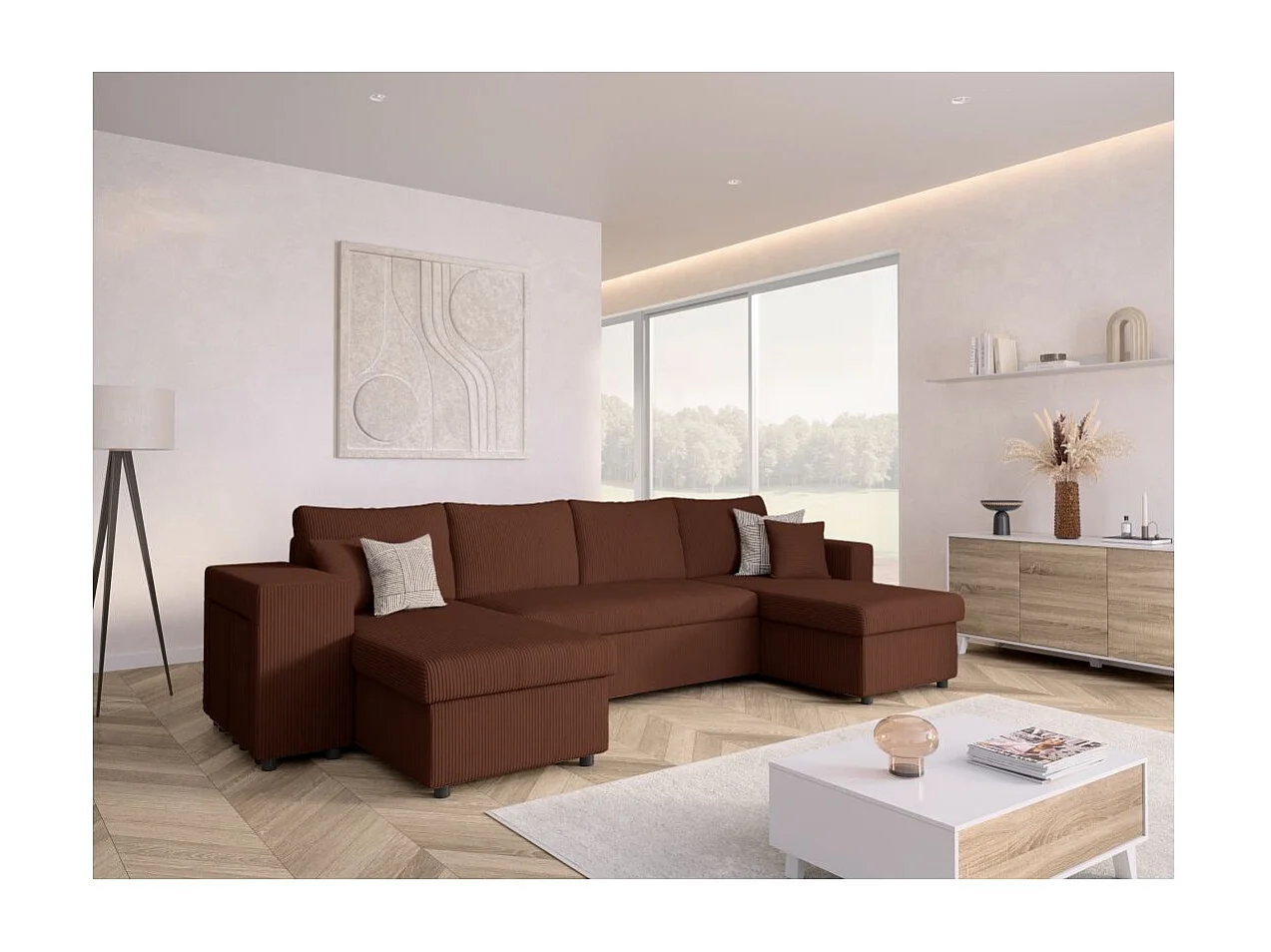 Canapé panoramique Oslo convertible avec 2 coffres, 2 poufs à gauche en velours côtelé marron - L311 x P146 x H81cm - Loungitude