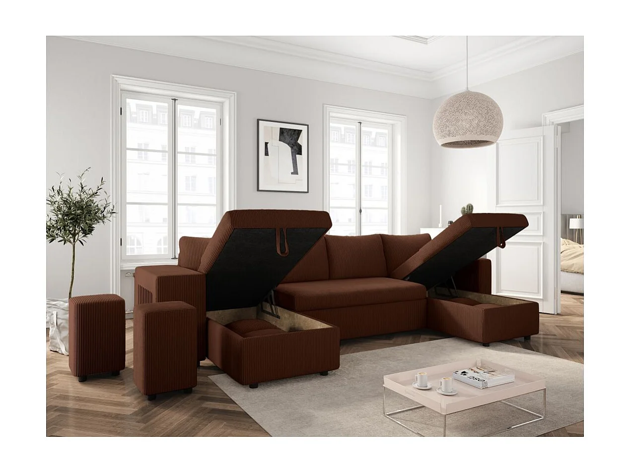 Canapé panoramique Oslo convertible avec 2 coffres, 2 poufs à gauche en velours côtelé marron - L311 x P146 x H81cm - Loungitude