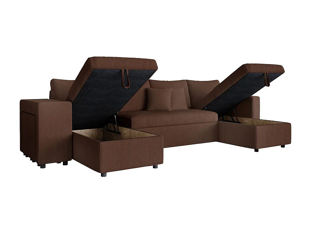 Canapé panoramique Oslo convertible avec 2 coffres, 2 poufs à gauche en velours côtelé marron - L311 x P146 x H81cm - Loungitude