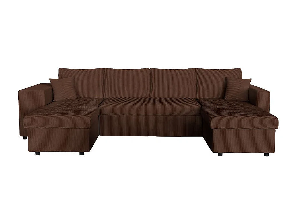 Canapé panoramique Oslo convertible avec 2 coffres, 2 poufs à gauche en velours côtelé marron - L311 x P146 x H81cm - Loungitude