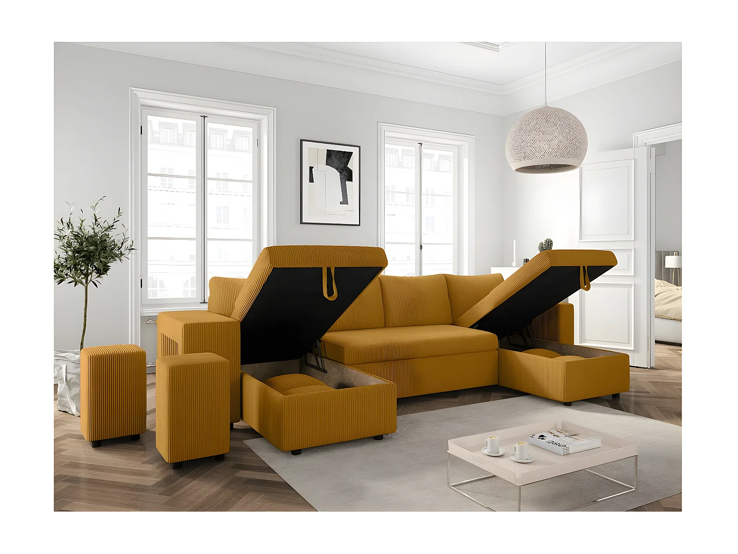 Canapé panoramique Oslo convertible avec 2 coffres, 2 poufs à gauche en velours côtelé jaune - L311 x P146 x H81cm - Loungitude